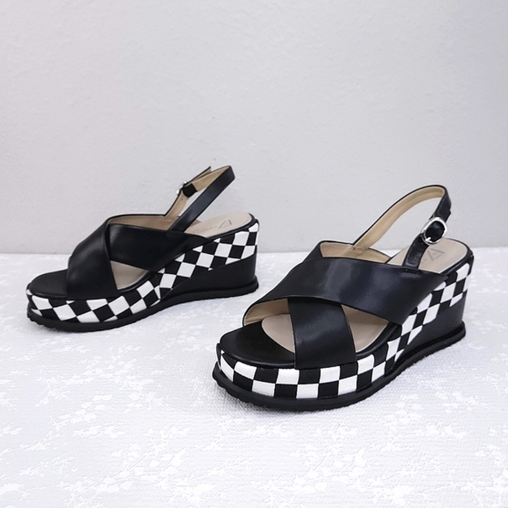 Black Check-Pattern Wedge Sandals *FIT SMALL* - Picture 4 of 12